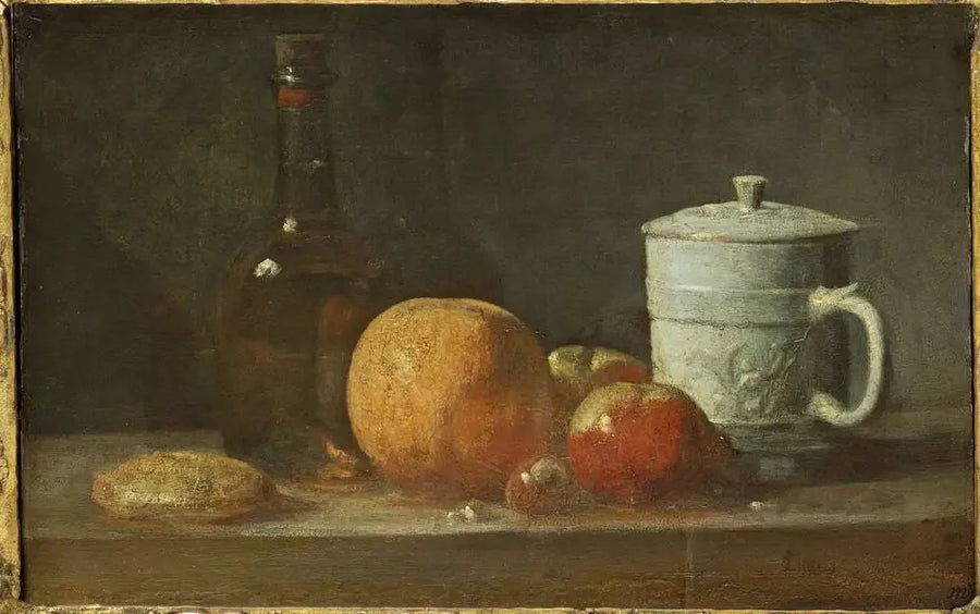 Owoce, butelka, dzbanek i marcepan - Jean Simeón Chardin