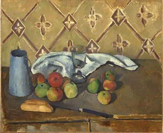 Owoce, serwetka i pudełko na mleko - Paul Cézanne