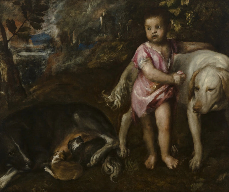 Chłopiec z psami na pejzażu - Titian