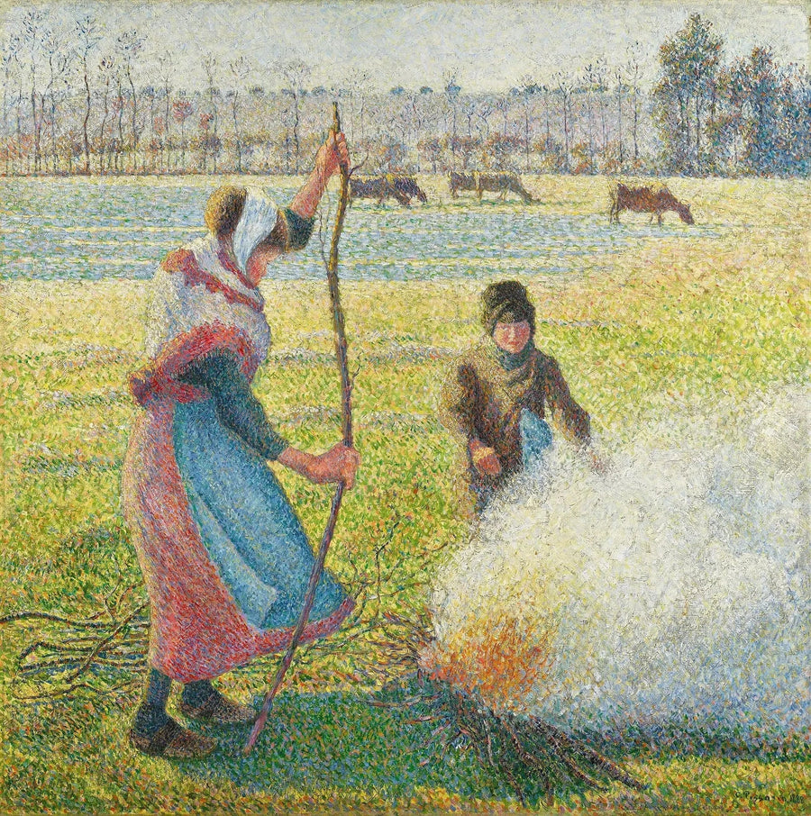 Biała galaretka, młoda wieśniaczka rozpalająca ogień - Camille Pissarro