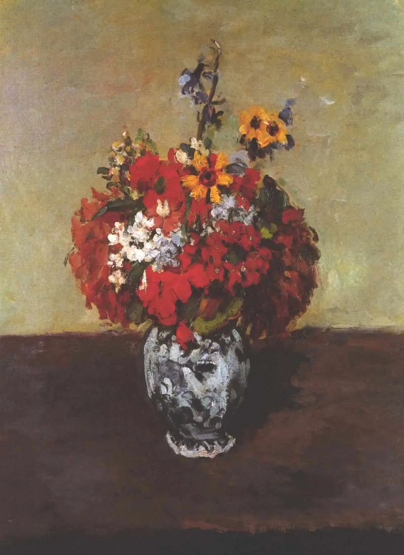 Pelargonie i ostróżki w małym wazonie z Delft - Paul Cézanne
