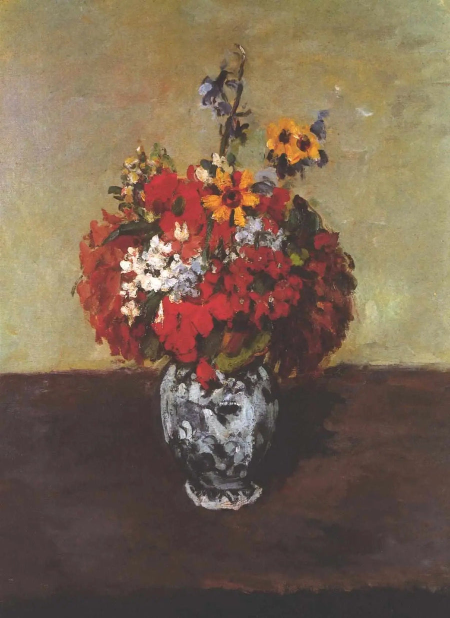 Pelargonie i ostróżki w małym wazonie z Delft - Paul Cézanne