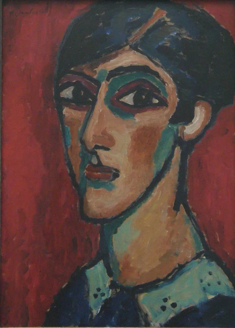 Duża głowa kobiety na czerwonym tle - Aleksiej von Jawlensky