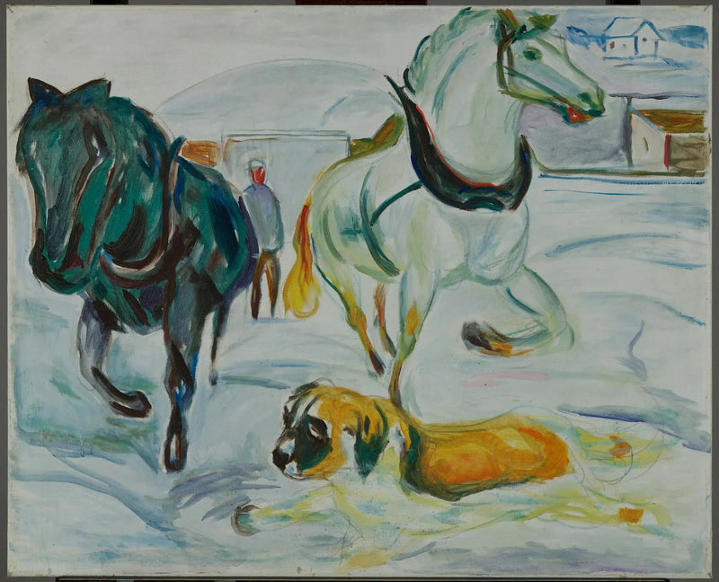 Grupa koni i Saint Bernard w śniegu - Edvard Munch