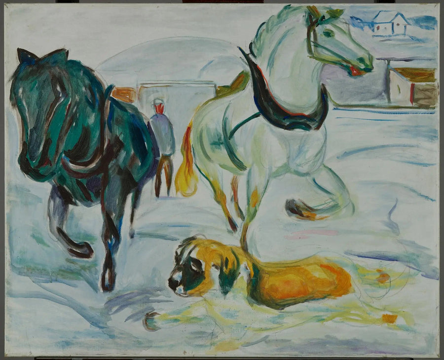 Grupa koni i Saint Bernard w śniegu - Edvard Munch