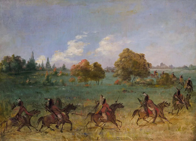 Grupa wojskowa Comanche w ruchu, w pełni wyposażona - George Catlin