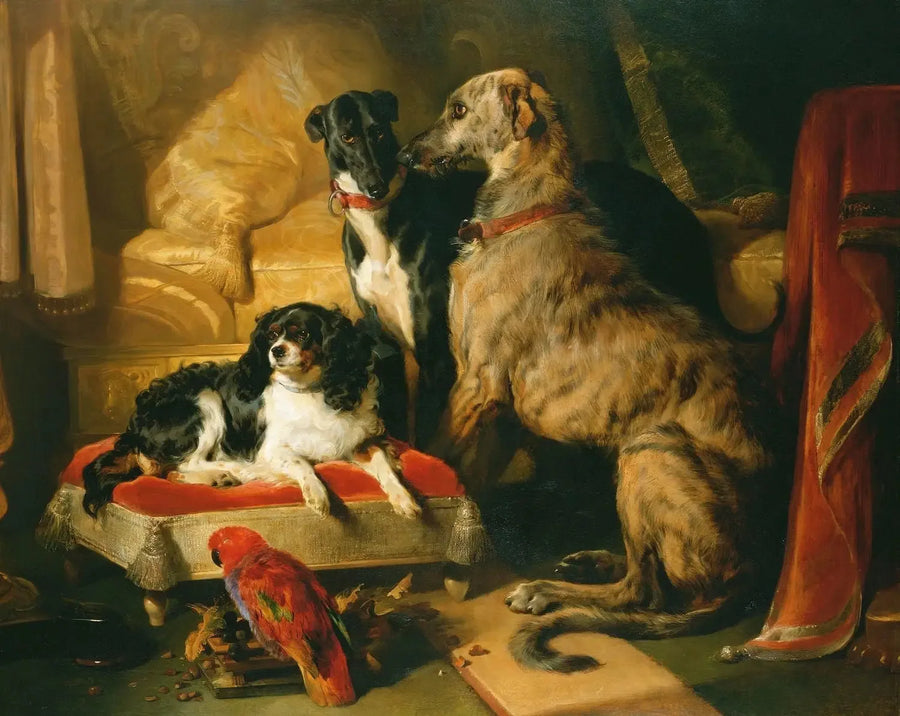 Hektor, Neron i Dash z papugą, Lory - Edwin Henry Landseer