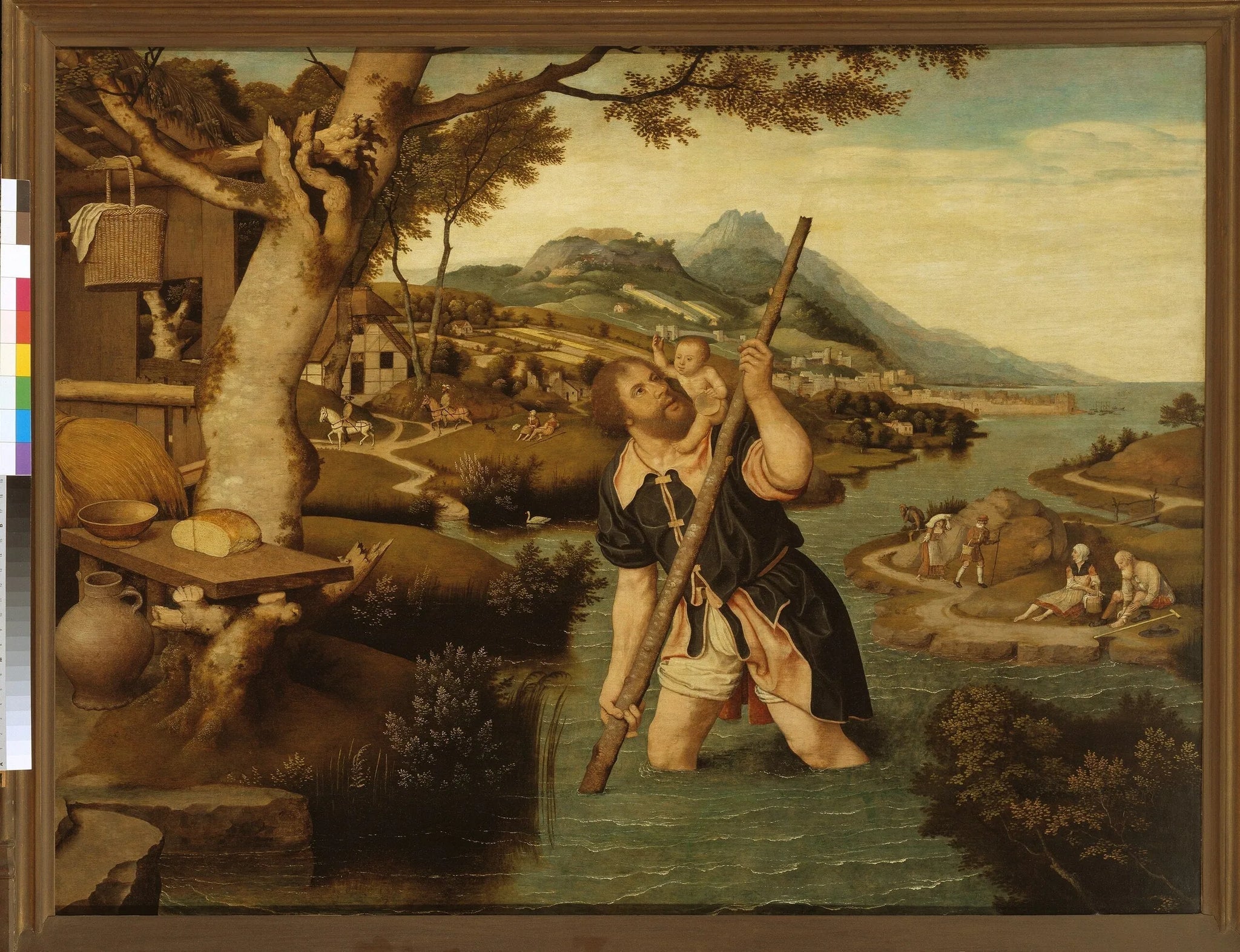 Heuvelachtig rivierlandschap met Christoffel - Jan Mostaert image 1 copie peinte à la main à l’huile