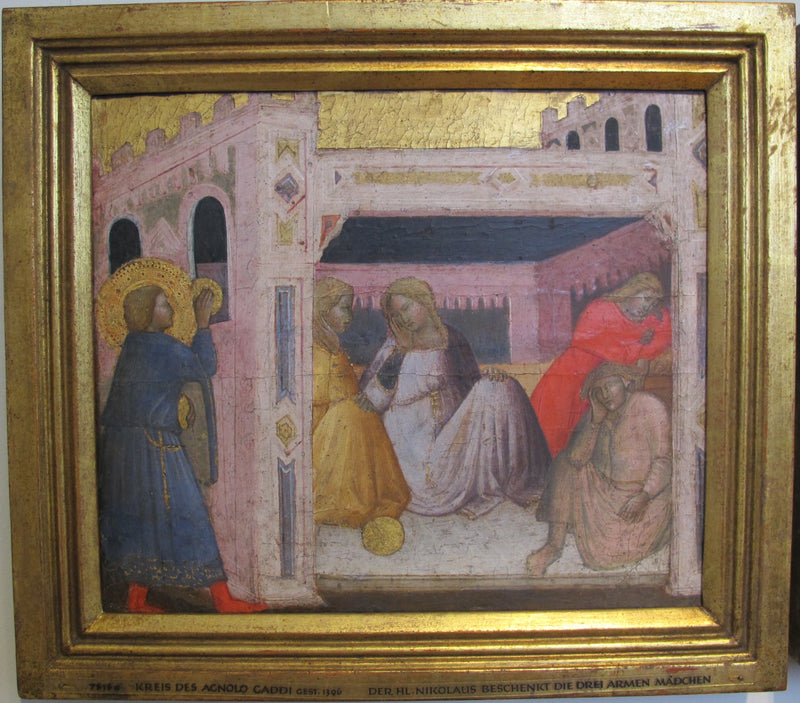 Historie Świętego Mikołaja. Święty Mikołaj wręcza prezenty trzem dziewczynom z basenu. - Agnolo Gaddi