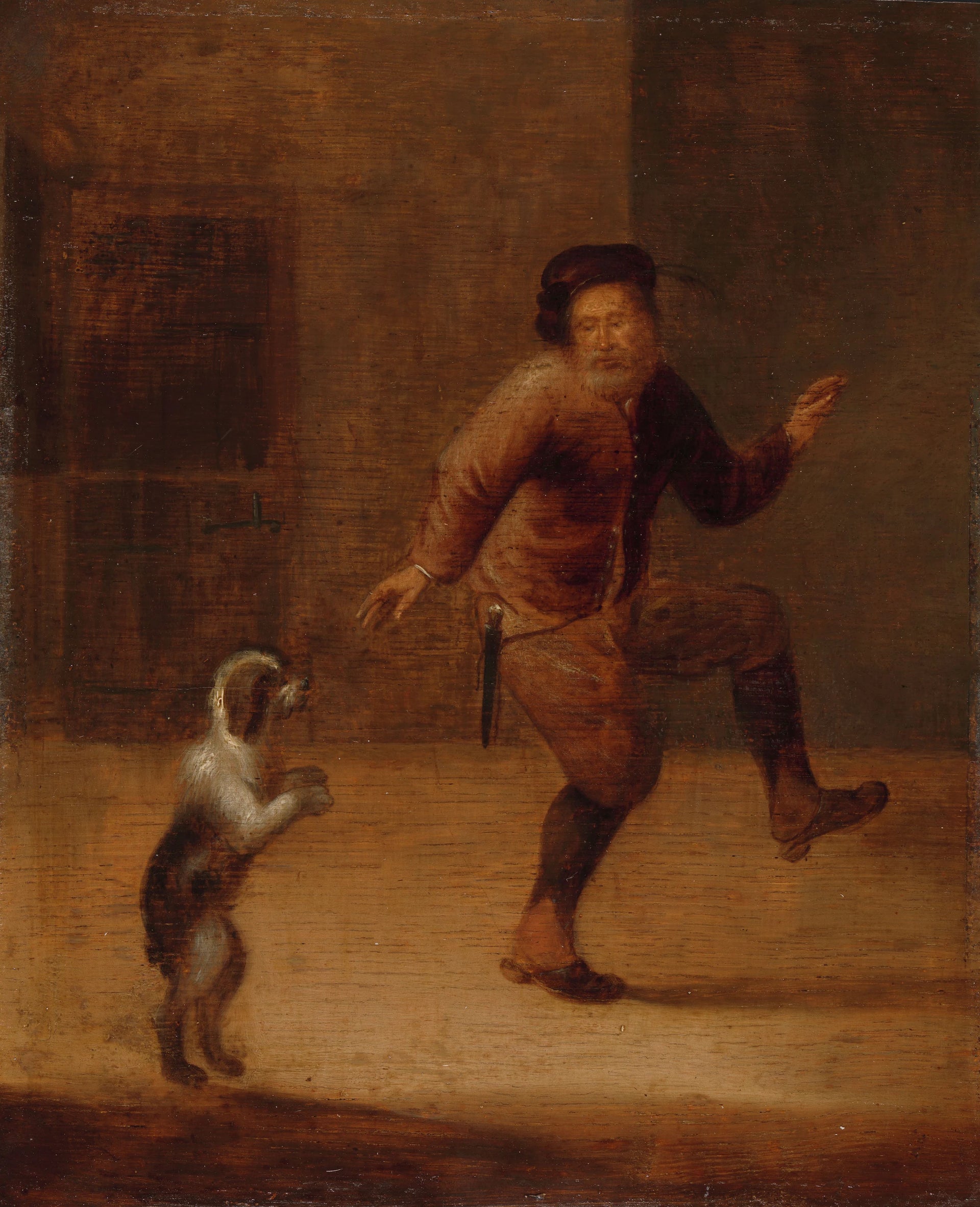 Un homme dansant avec un chien - Hendrick Bogaert