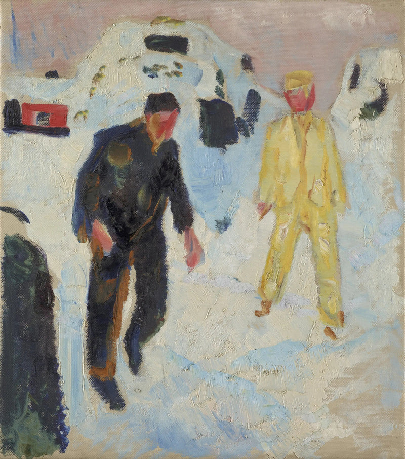 Mężczyzna w czerni i żółci na śniegu - Edvard Munch