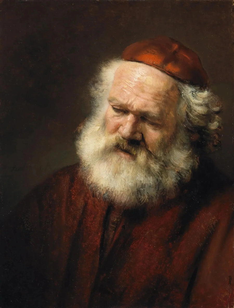 Popiersie starego brodatego mężczyzny w czerwonej czapce - Rembrandt