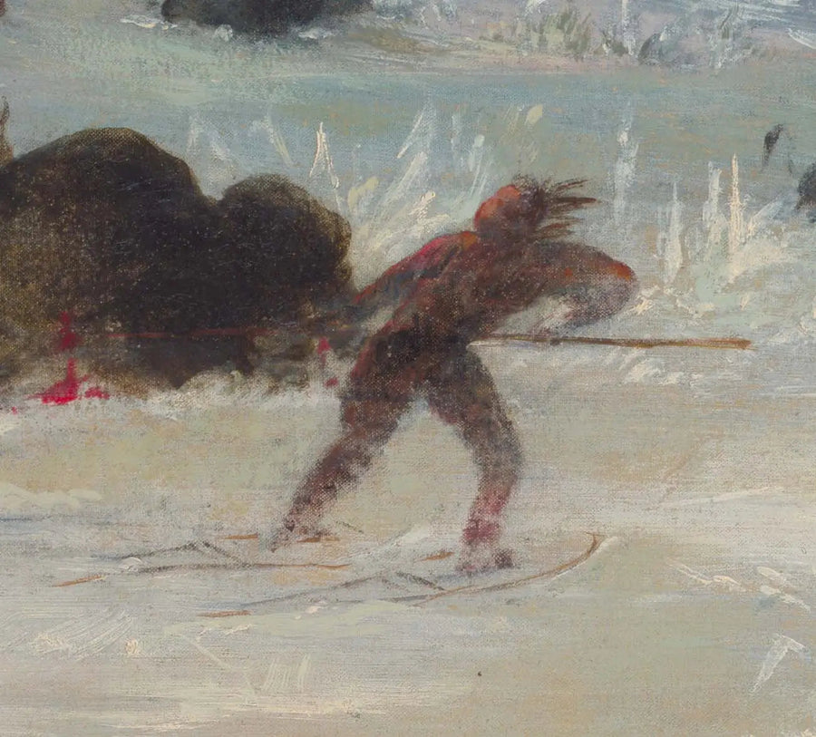 Indianie Assiniboinów ścigający bizona na rakietach śnieżnych - George Catlin