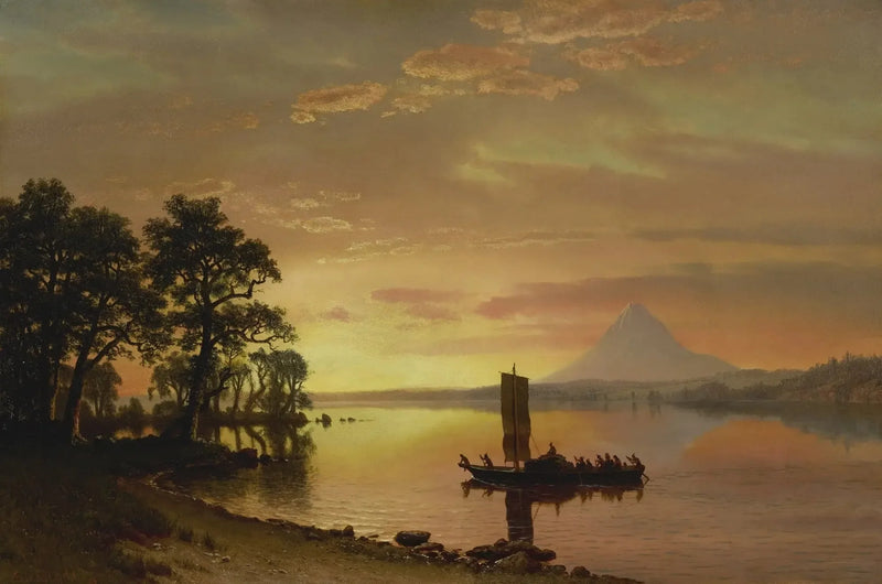 Indianie przepływający przez rzekę Columbia [z górą Hood w tle] - Albert Bierstadt