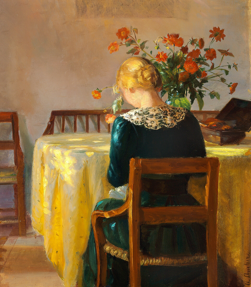 Wnętrze z Helgą, córką malarza, szyjącą - Anna Ancher