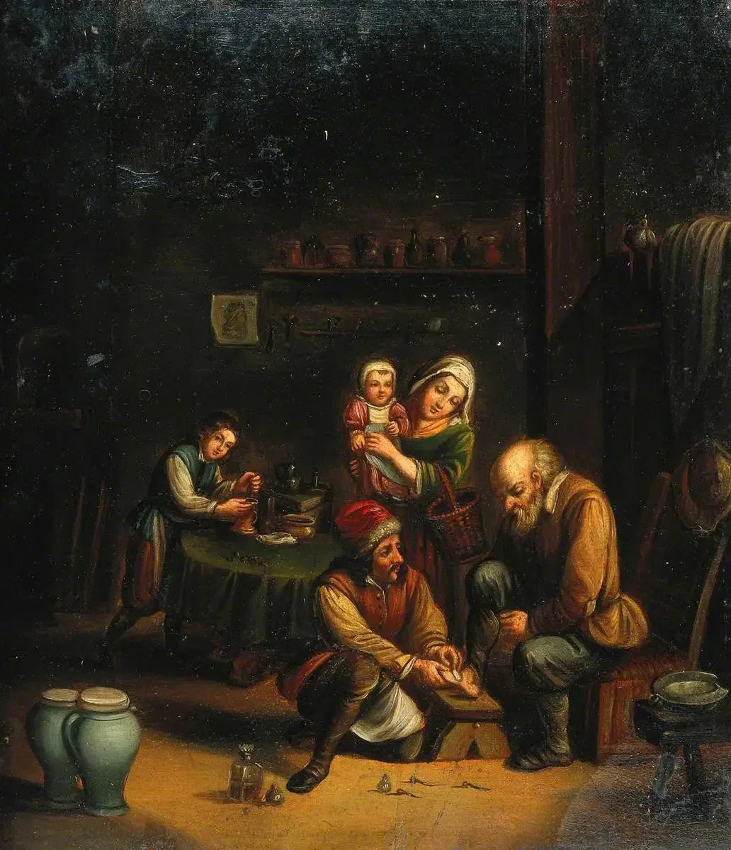 Intérieur avec un chirurgien soignant le pied d'un homme et trois autres personnages - David Teniers le Jeune image 1 reproduction réalisée par Alpha Reproduction
