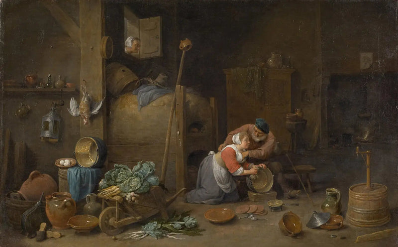 Wnętrze z starszym mężczyzną obejmującym sprzątaczkę - David Teniers młodszy