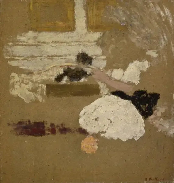 Wnętrze z dziewczyną czytającą i kobietą w czerni piszącą - Édouard Vuillard