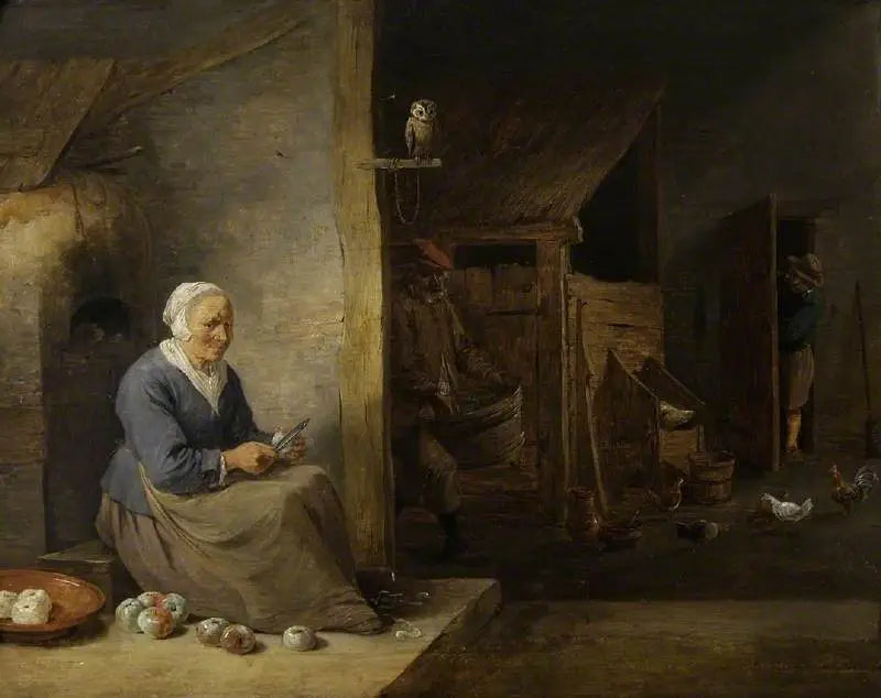 Wnętrze, z staruszką obierającą jabłka - David Teniers młodszy