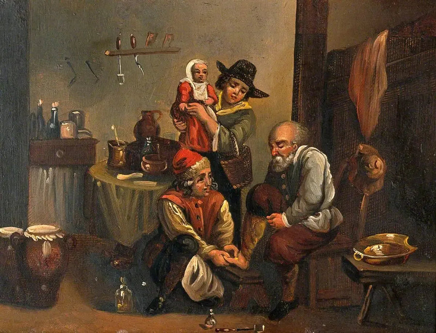 Wnętrze gabinetu lekarskiego z chirurgiem leczący stopę mężczyzny oraz kobietą i dzieckiem patrzącymi - David Teniers Młodszy