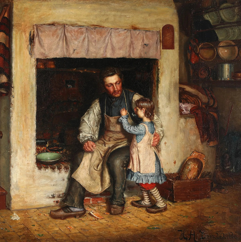 Wnętrze kuchni z małą dziewczynką i mężczyzną. - H. A. Brendekilde
