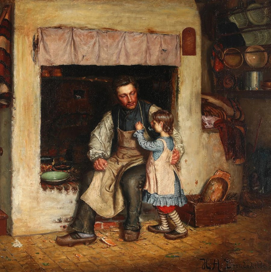 Wnętrze kuchni z małą dziewczynką i mężczyzną. - H. A. Brendekilde