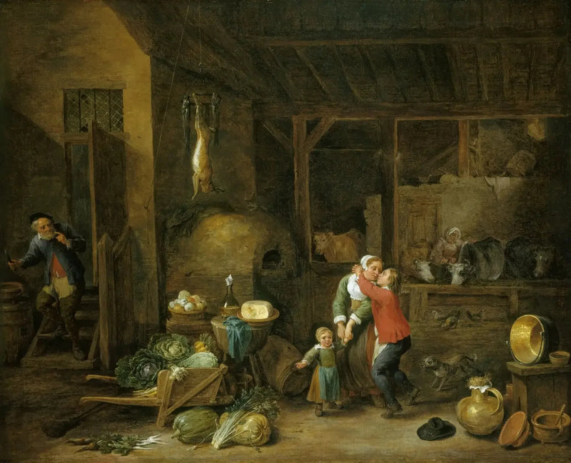 Wnętrze domu rodzinnego z postaciami („Ukradziony pocałunek”) - David Teniers Młodszy