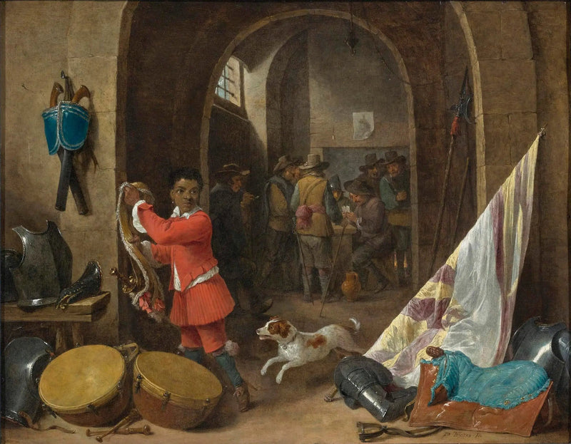 Wnętrze sali wartowniczej z czarnoskórym sługą obok martwej natury z siodłem, flagą, bębnami i zbrojami; żołnierze grający w karty w tle - David Teniers młodszy
