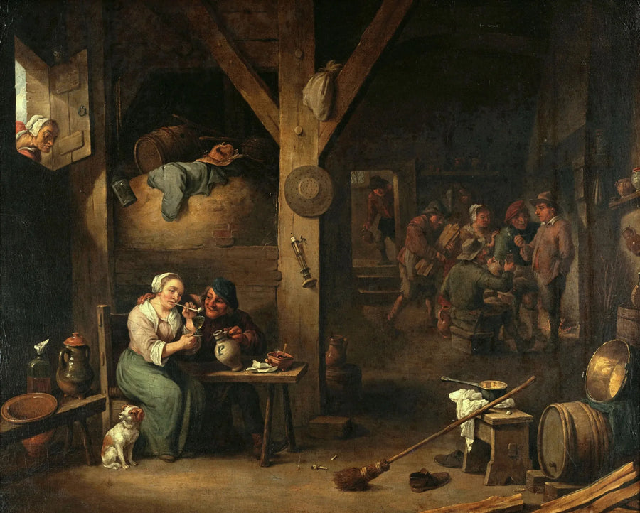 Wnętrze tawerny z kobietą palącą papierosa i mężczyzną podającym jej kieliszek, pod czujnym spojrzeniem starszej kobiety - David Teniers młodszy