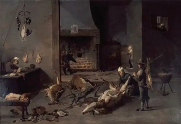 Wnętrze kuchni z kucharzami przygotowującymi dziczyznę - David Teniers młodszy