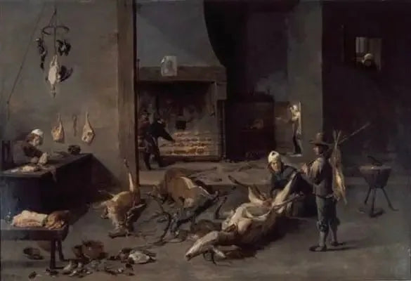 Wnętrze kuchni z kucharzami przygotowującymi dziczyznę - David Teniers młodszy