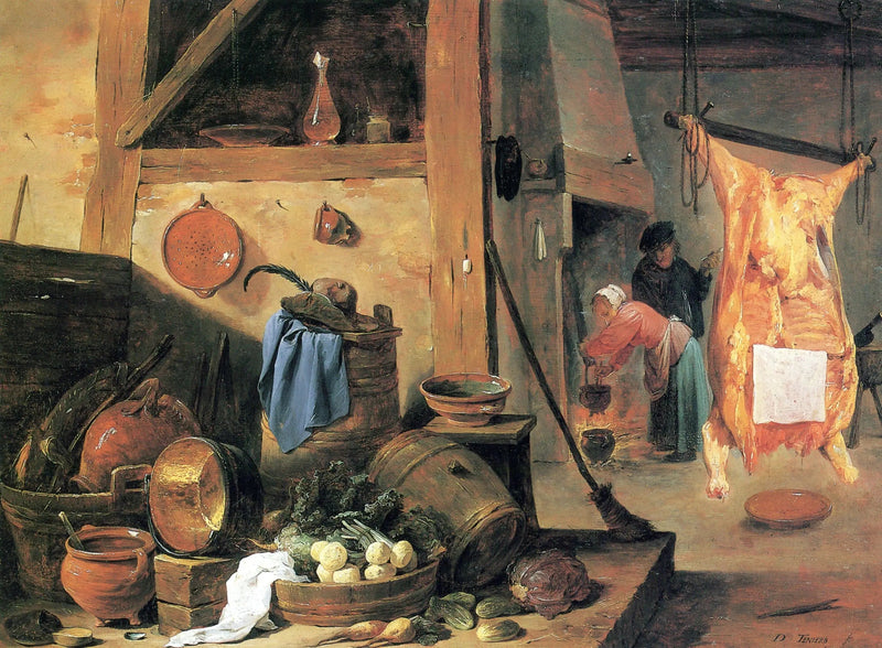 Wnętrze kuchni z martwą naturą i ubitym wołem - David Teniers młodszy