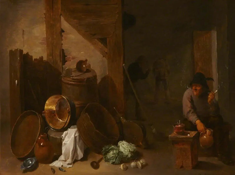 Wnętrze kuchni z Toperem i innymi wieśniakami w oddali - David Teniers Młodszy