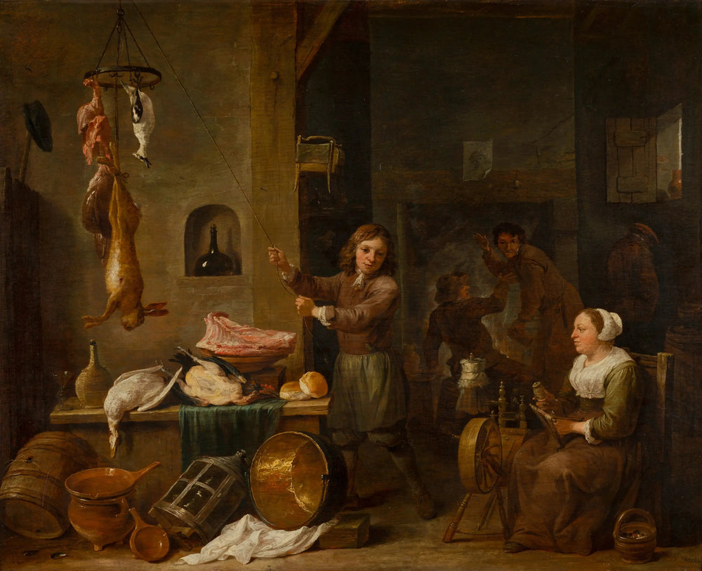 Intérieur de cuisine avec un garçon et une femme avec une table de jeu - David Teniers le Jeune image 1 reproduction artisanale de tableau
