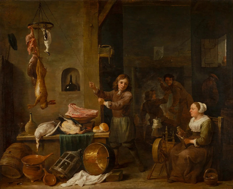 Wnętrze kuchni z chłopcem i kobietą przy stole do gry - David Teniers młodszy
