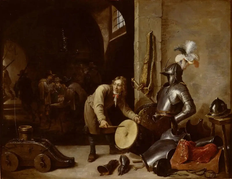 Wnętrze sali wartowniczej z młodym mężczyzną trzymającym bęben - David Teniers młodszy