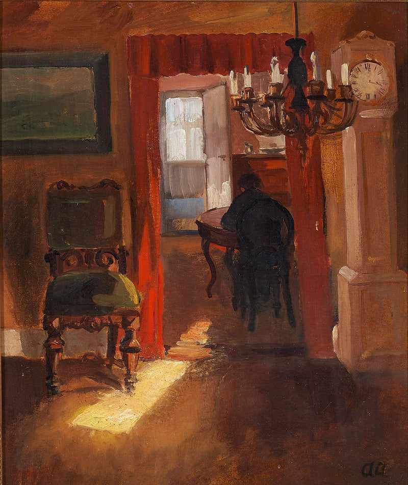 Wnętrze Skagen z promieniem słońca na podłodze. - Anna Ancher