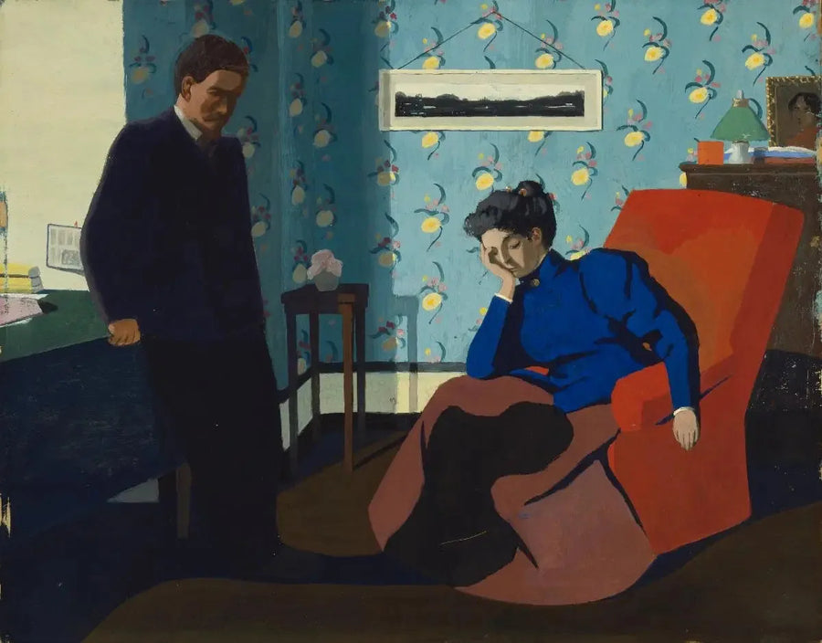 Wnętrze, czerwony fotel i postacie - Félix Vallotton