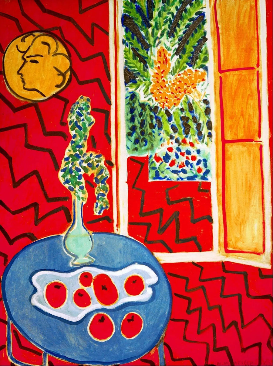 Czerwone wnętrze, martwa natura na niebieskim stole - Henri Matisse