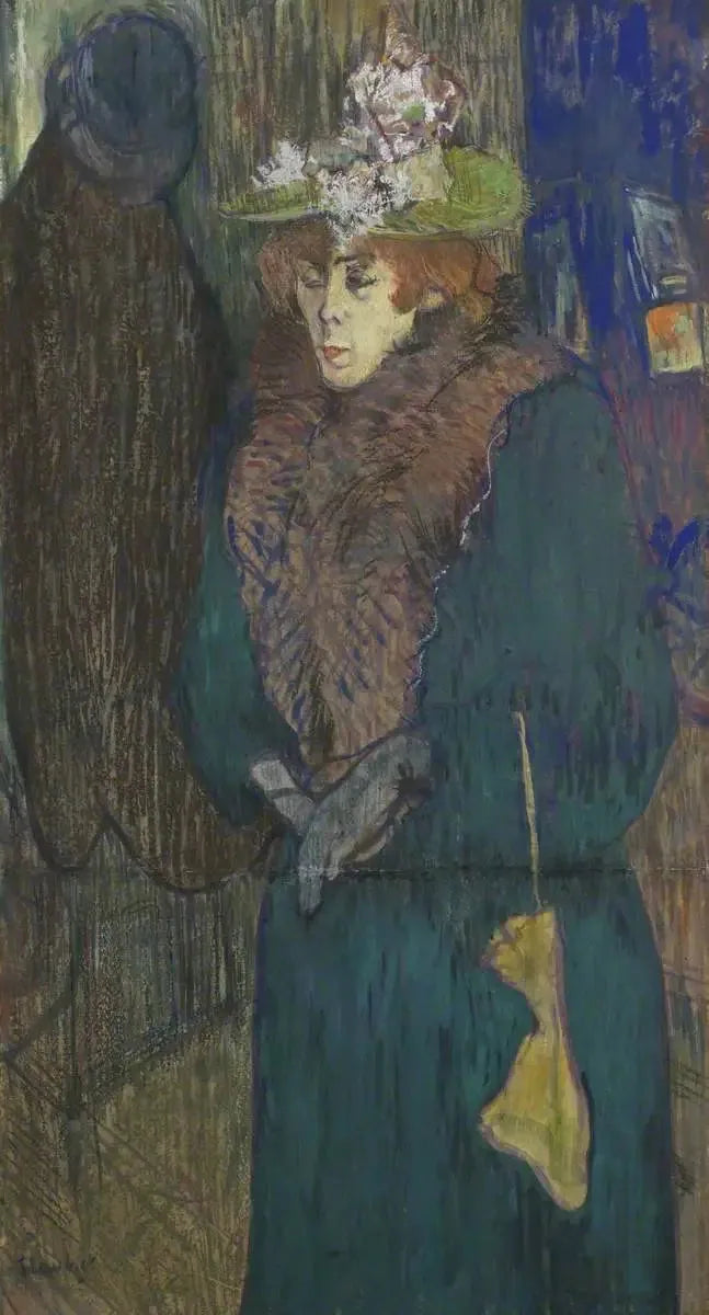 Jane Avril w wejściu do Moulin Rouge, zakładająca rękawiczki - Henri de Toulouse-Lautrec