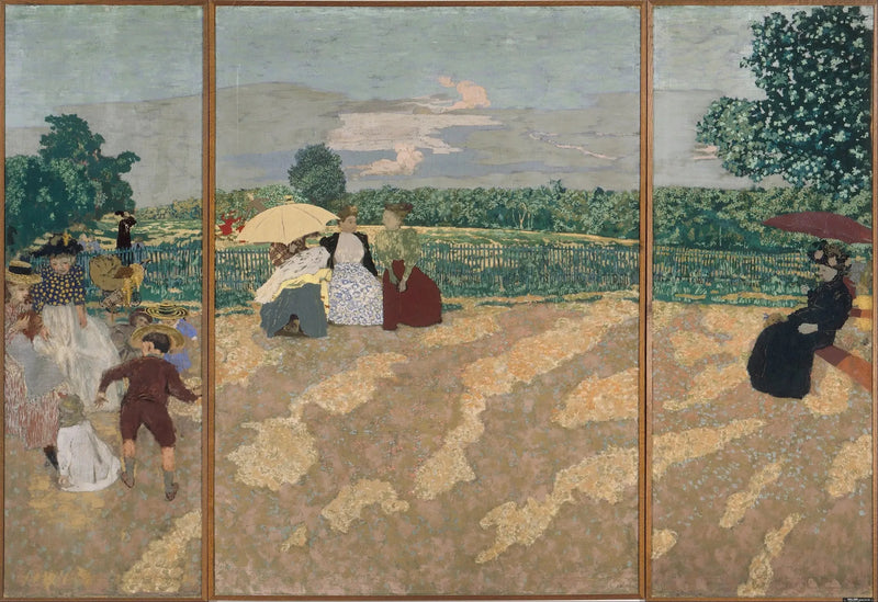 Publiczne ogrody: rozmowa, nianie, czerwona parasolka - Édouard Vuillard