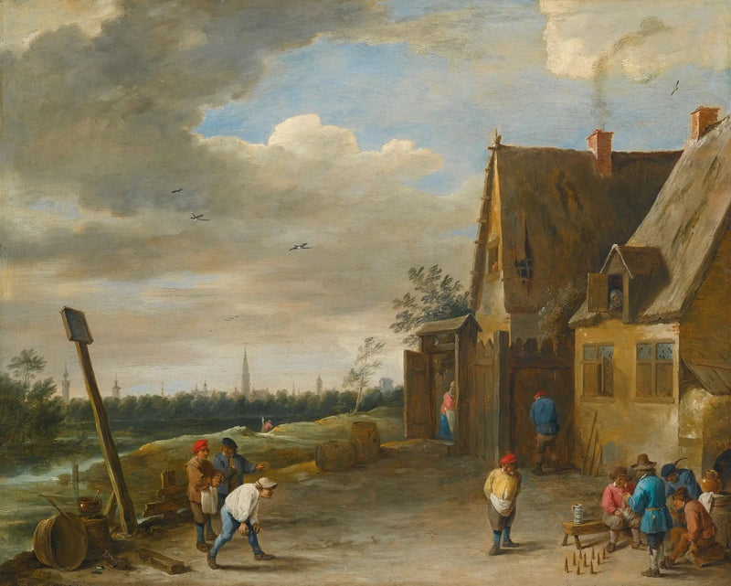 Zestaw kręgli z widokiem na Antwerpię - David Teniers Młodszy