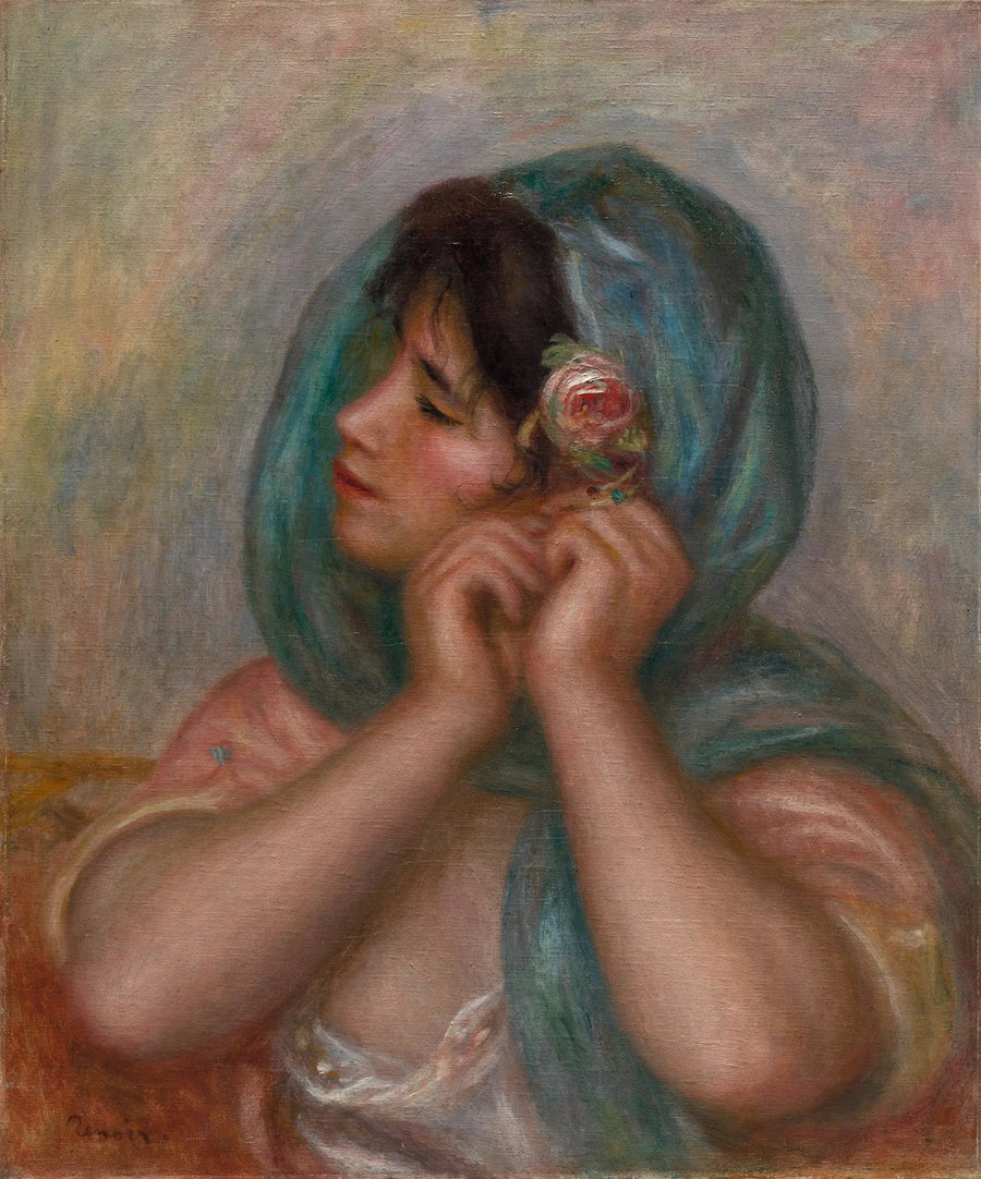 Młoda kobieta układająca swój kolczyk - Pierre-Auguste Renoir