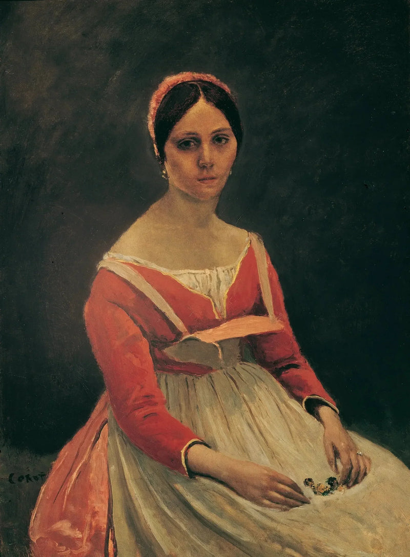 Młoda kobieta siedząca, trzymająca kwiaty w rękach - Jean-Baptiste Camille Corot