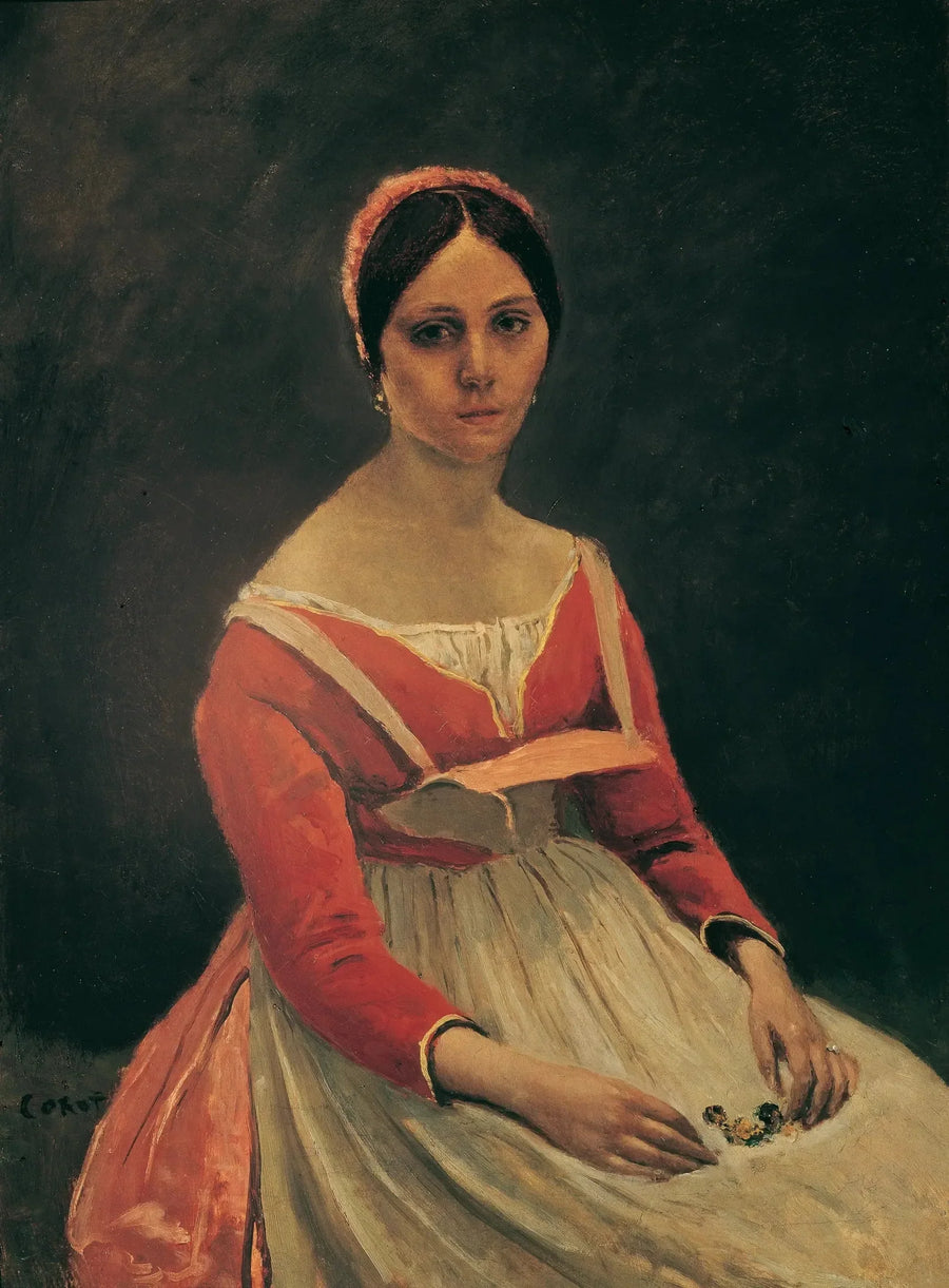 Młoda kobieta siedząca, trzymająca kwiaty w rękach - Jean-Baptiste Camille Corot