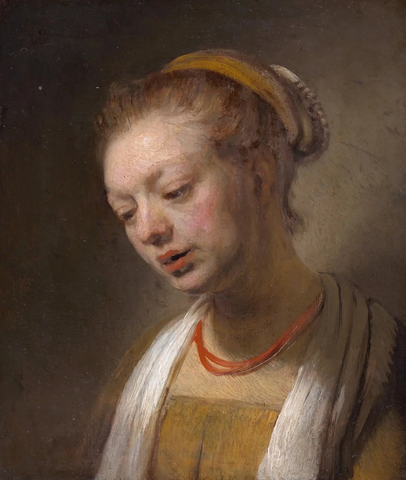 Młoda kobieta w czerwonej kolii - Rembrandt