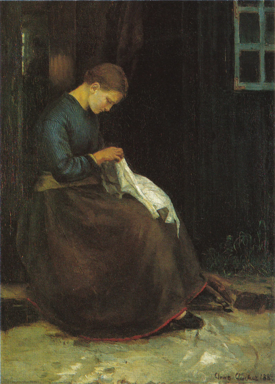 Młoda kobieta z pracą krawiecką przy drzwiach domu - Anna Ancher