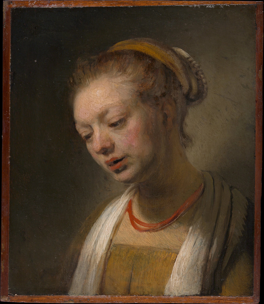 Młoda kobieta w czerwonej kolii - Rembrandt