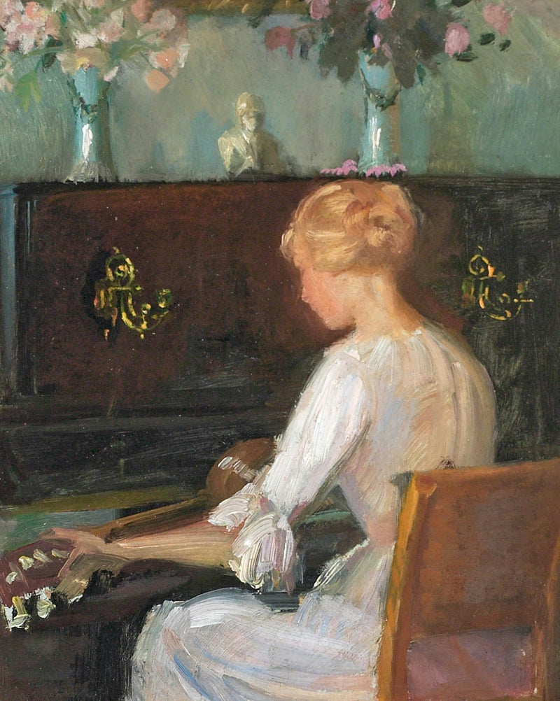 Młoda kobieta grająca na gitarze przed pianinem - Anna Ancher