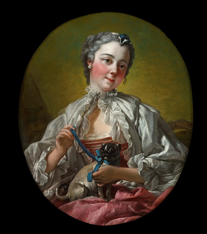 Młoda kobieta trzymająca mopsika - François Boucher